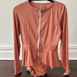 Zipper Front Peplum One Piece Swimsuit - peachy pink color - Large